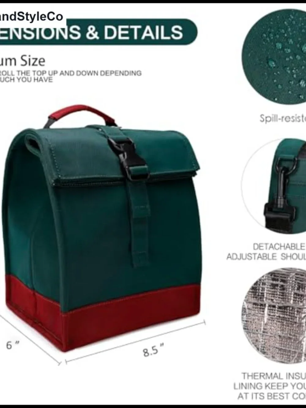 Insulated Rolltop Lunch Bag for Work, School, Picnic - Durable Nylon